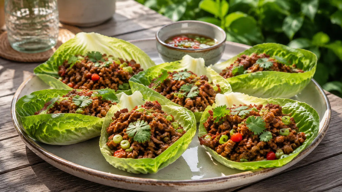 Thai beef lettuce cups filled with savoury minced beef, peppers, spring onion, coriander and lime.