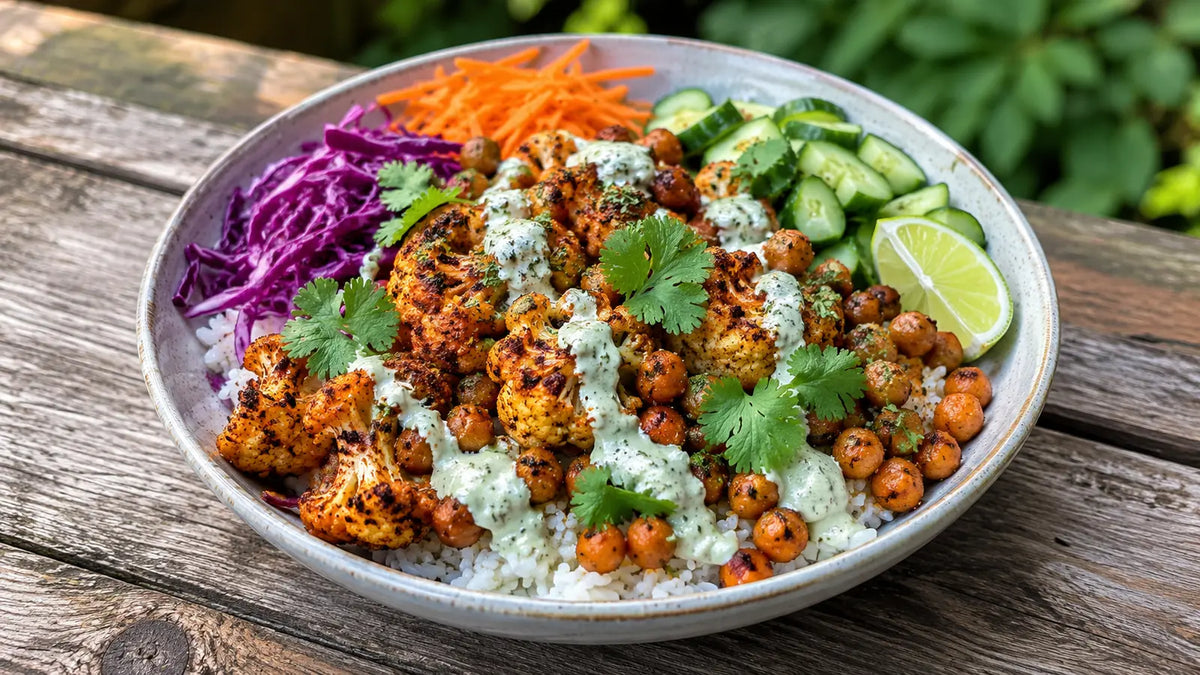 Thai Seven Spice roasted cauliflower and chickpea bowl with jasmine rice, crunchy vegetables, coriander, lime and creamy dressing.