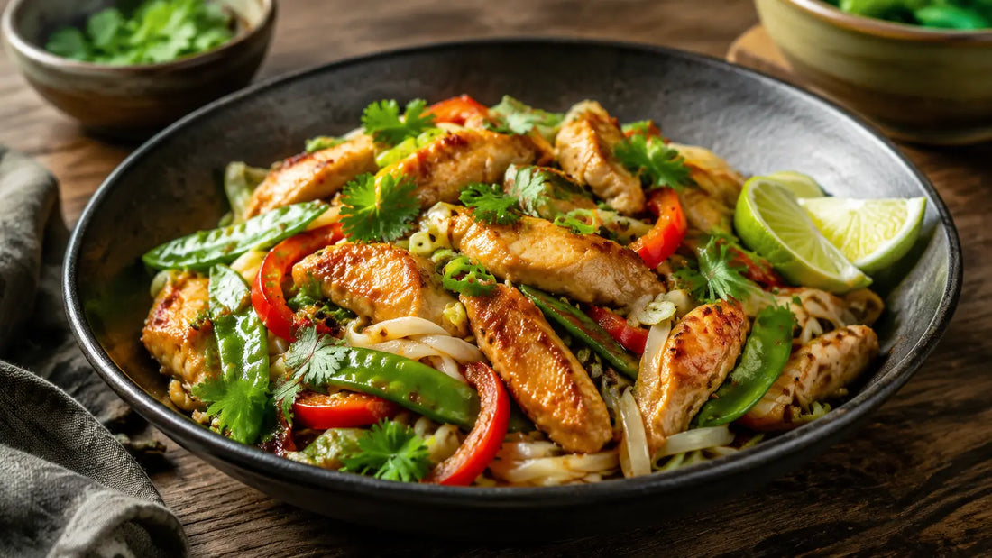 Thai Seven Spice chicken noodle stir-fry with peppers, mangetout, spring onions, coriander and lime.