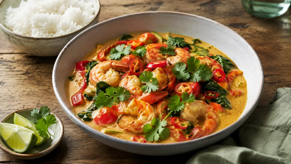 Thai Seven Spice coconut prawn curry with peppers, tomatoes, spinach, coriander, rice and lime.
