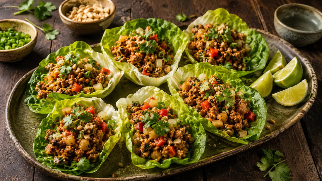 Thai Seven Spice pork lettuce cups with red pepper, spring onions, coriander, crushed peanuts and lime.