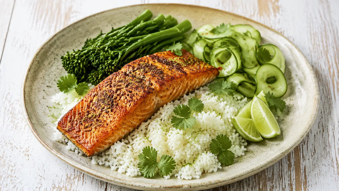 Thai Seven Spice roasted salmon served with coconut lime rice, greens, cucumber, coriander and lime.