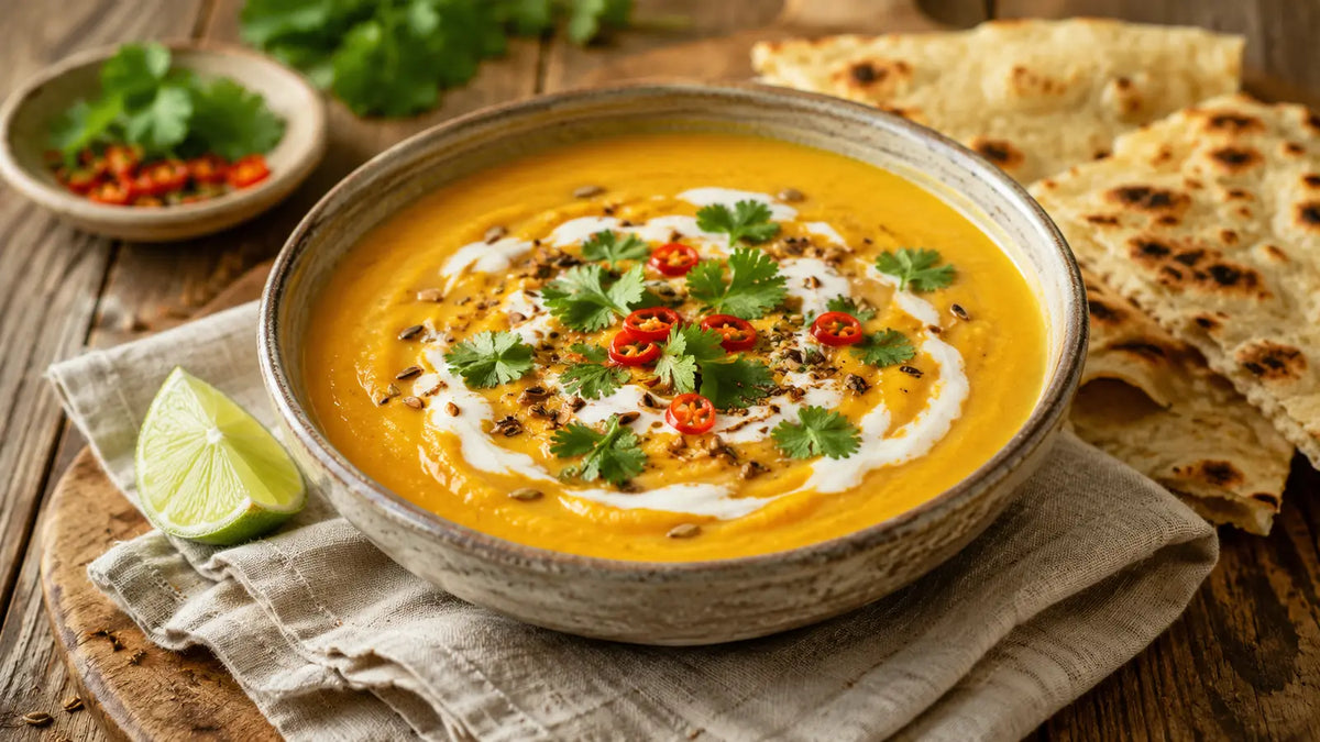 Thai Seven Spice sweet potato and coconut soup with coconut swirl, coriander, red chilli, toasted seeds and lime.