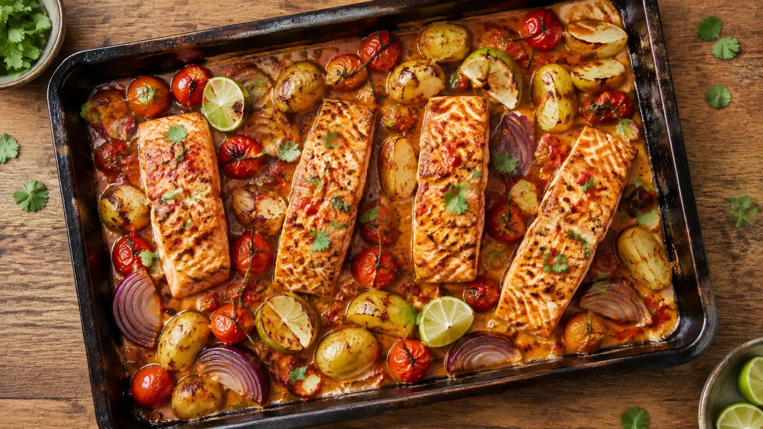 Thai-spiced salmon coconut traybake with baby potatoes, cherry tomatoes, red onion, lime and coriander.