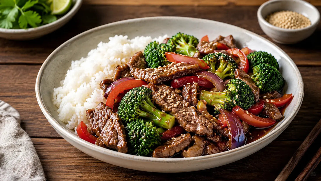 Thai Stir-Fry Spice beef and broccoli with peppers, red onion, jasmine rice and sesame seeds.