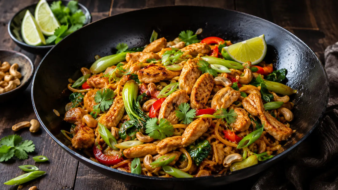 Thai Stir-Fry Spice chicken and cashew noodles with peppers, pak choi, spring onions, coriander and lime.