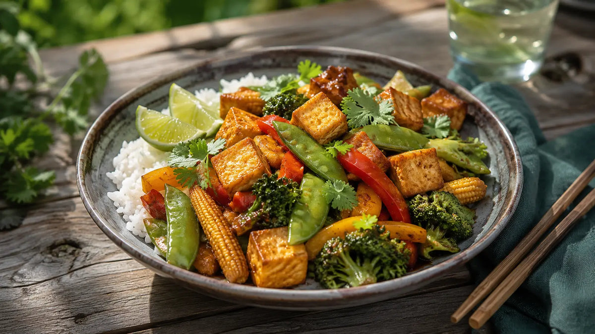 Thai Stir-Fry Spice crispy tofu and vegetables with peppers, baby corn, broccoli, sugar snap peas, rice and lime.