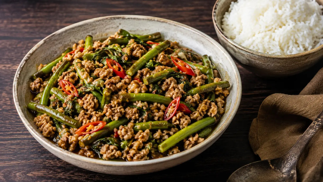 Thai Stir-Fry Spice pork and green beans with red chilli, garlic, basil and jasmine rice.