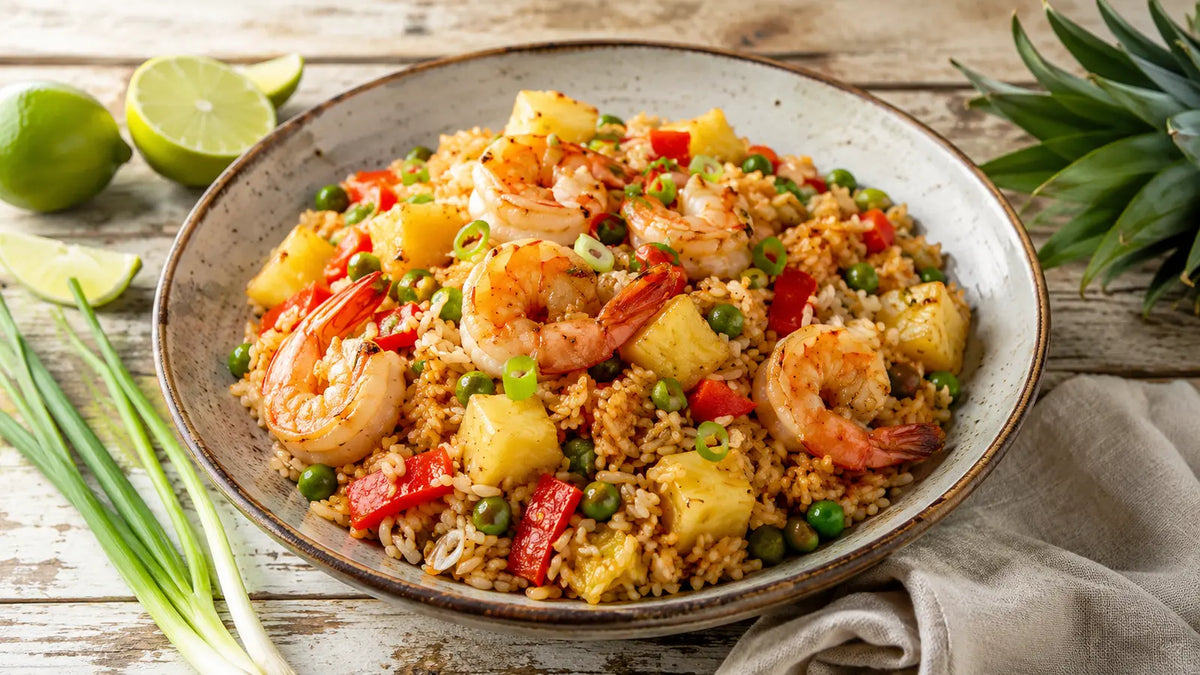 Thai Stir-Fry Spice prawn and pineapple fried rice with peas, peppers, spring onions and lime.