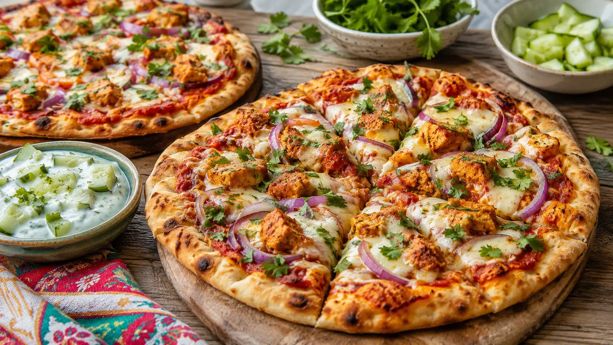 Tikka chicken naan pizzas with mozzarella, red onion, coriander and cucumber yoghurt.