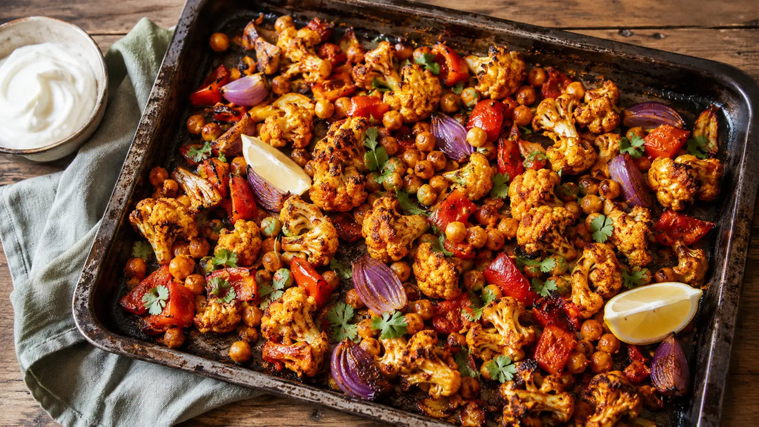 Tikka Masala roasted cauliflower and chickpea traybake with red peppers, red onion, coriander and lemon.