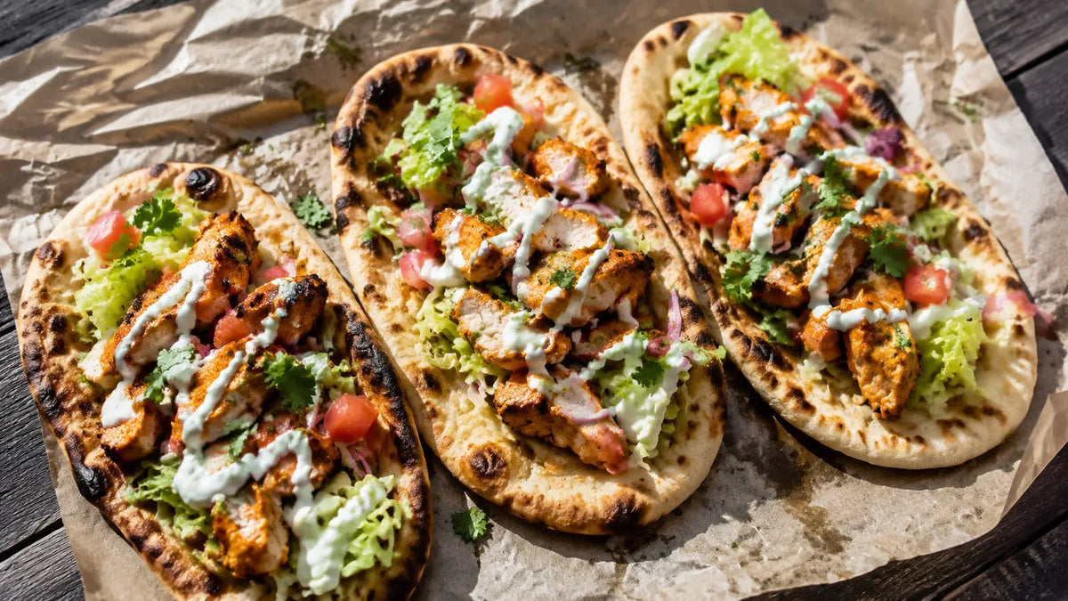 Tikka Masala loaded naan flatbreads topped with chicken, lettuce, tomato, red onion, yoghurt and coriander.