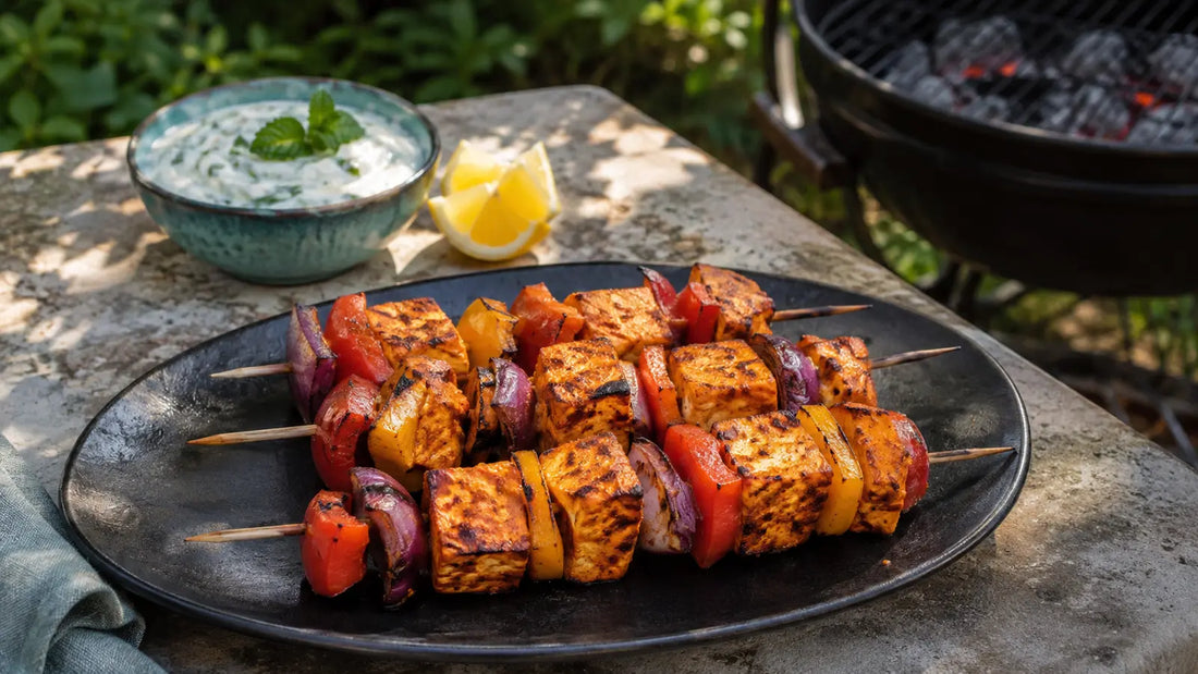 Tikka Masala paneer and pepper skewers served outdoors with mint yoghurt and lemon wedges.