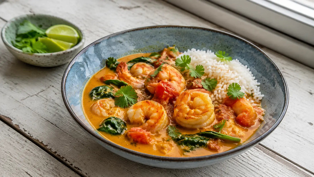 Tikka Masala prawn and coconut curry with spinach, tomatoes, basmati rice, coriander and lime.