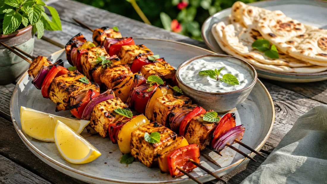 Tikka paneer and pepper skewers with red onion, mint yoghurt, lemon and warm flatbread.