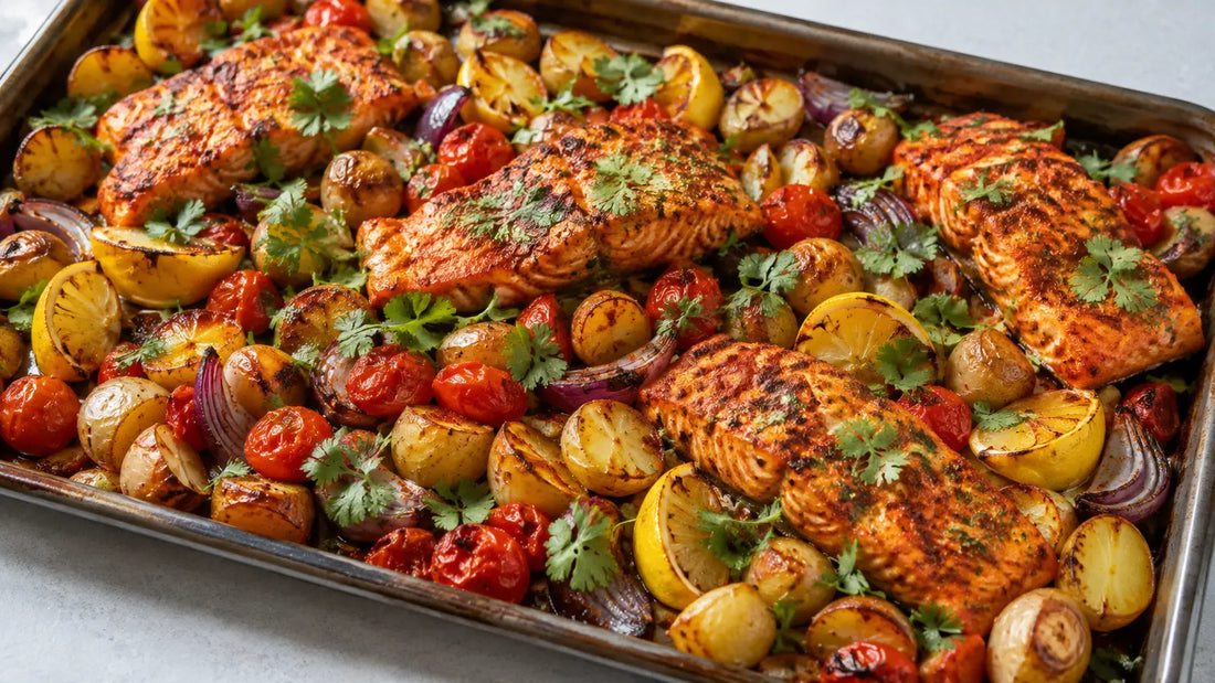 Tikka-spiced salmon traybake with baby potatoes, cherry tomatoes, red onion, lemon and coriander.