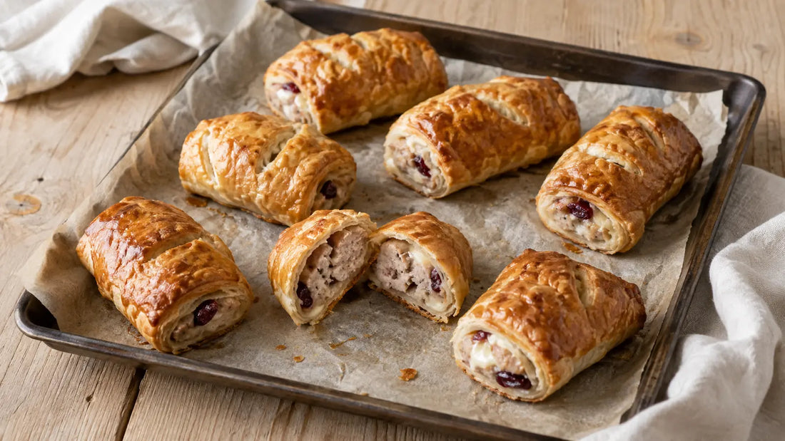 Golden Turkey Seasoning sausage rolls filled with turkey, cranberry and Brie on a rustic baking tray.