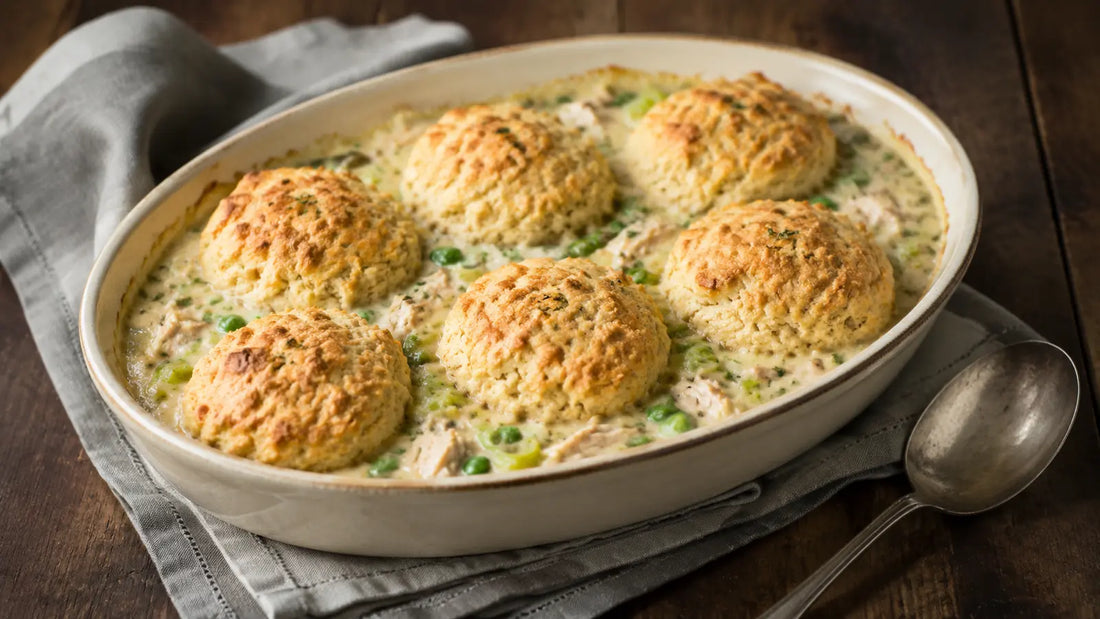 Creamy Turkey Seasoning turkey and leek cobbler with peas and six golden savoury scone toppings.