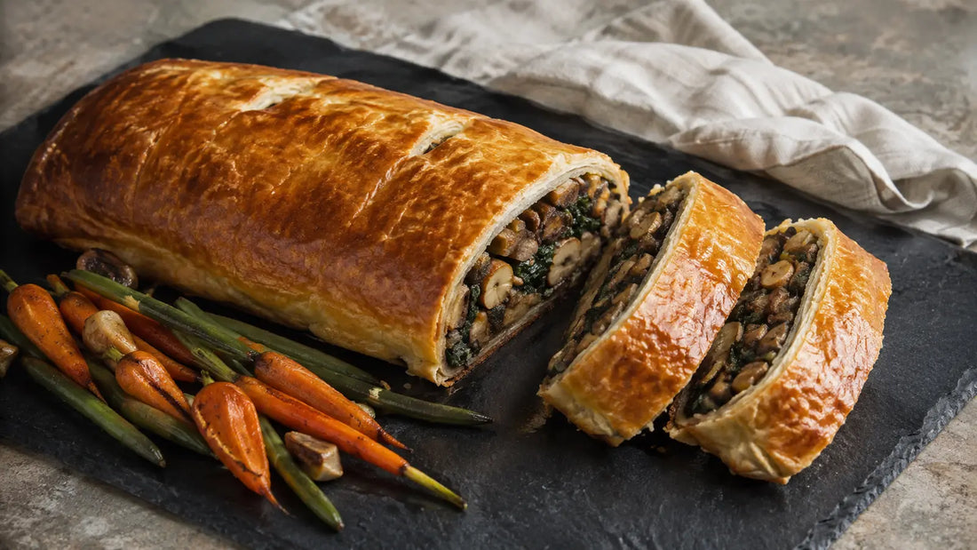 Golden Turkey Seasoning mushroom and chestnut Wellington with roasted carrots and green beans.