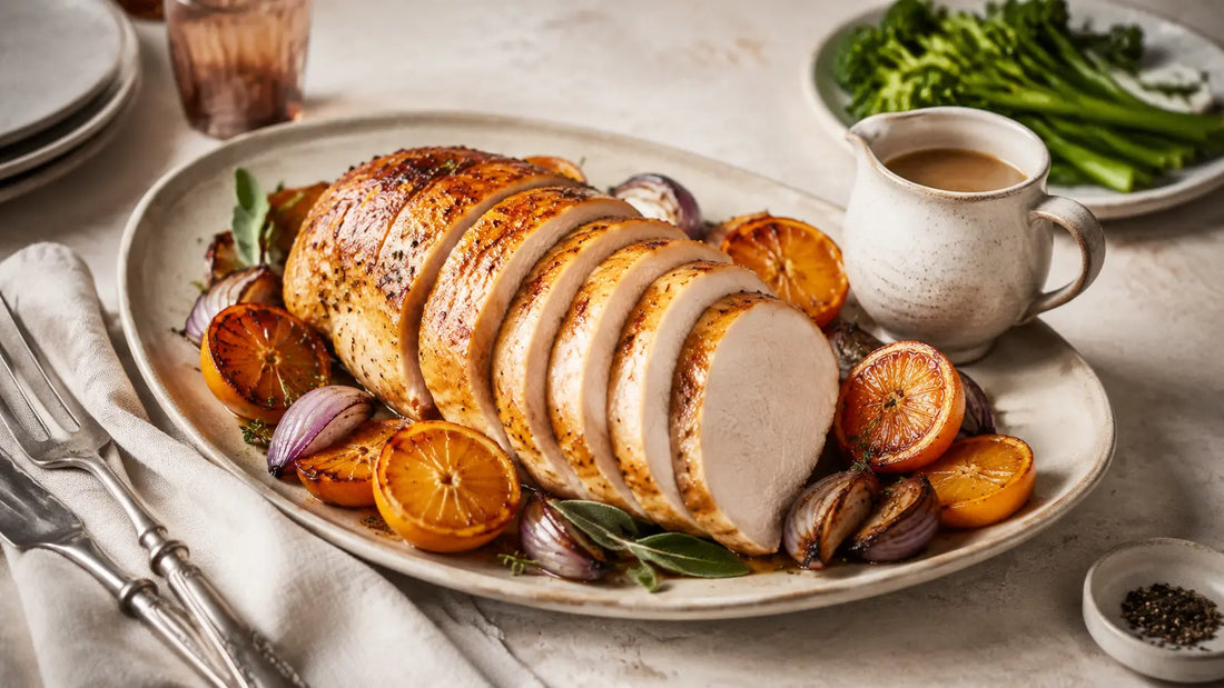 Orange and herb Turkey Seasoning roast turkey breast with roasted onions, green vegetables and pan gravy.