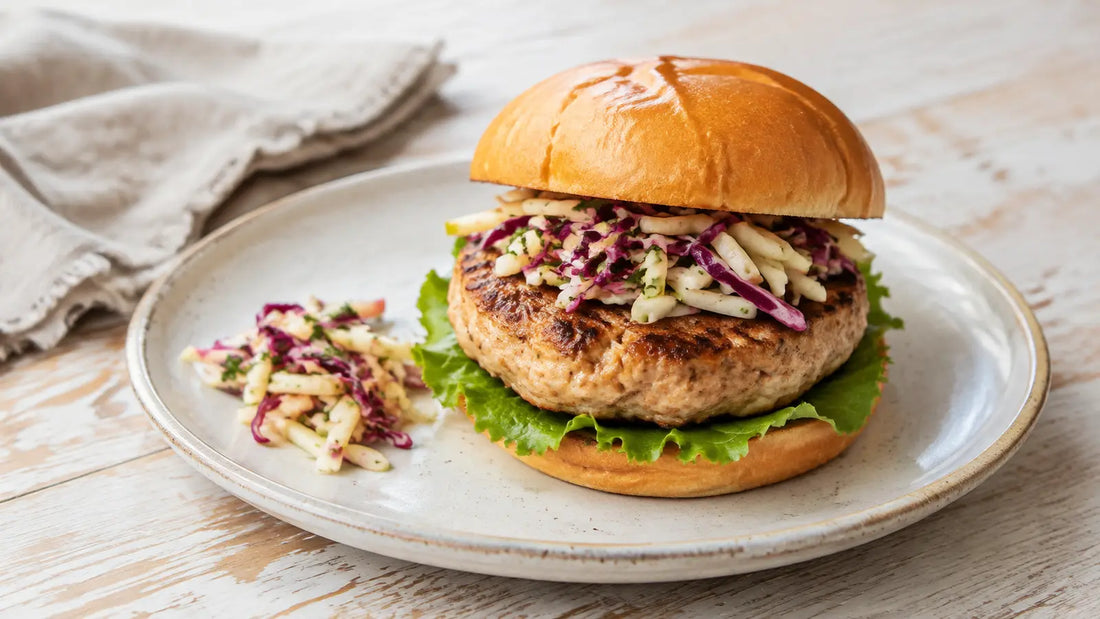 Juicy Turkey Seasoning burger in a toasted bun with crisp apple and red cabbage slaw.