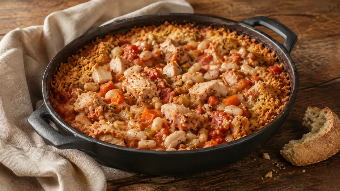 Rustic Turkey Seasoning turkey and white bean cassoulet with vegetables and golden breadcrumbs.