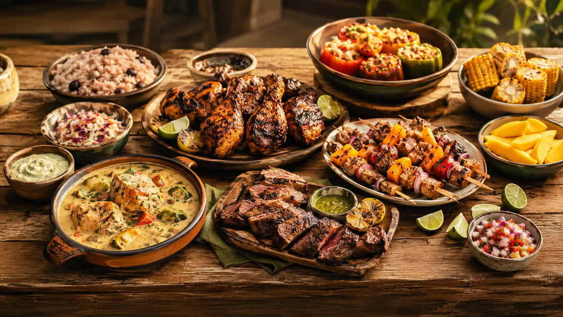 A generous Afro-Caribbean feast with jerk chicken, Braai steak, skewers, coconut fish stew, rice and beans, stuffed peppers and grilled corn.