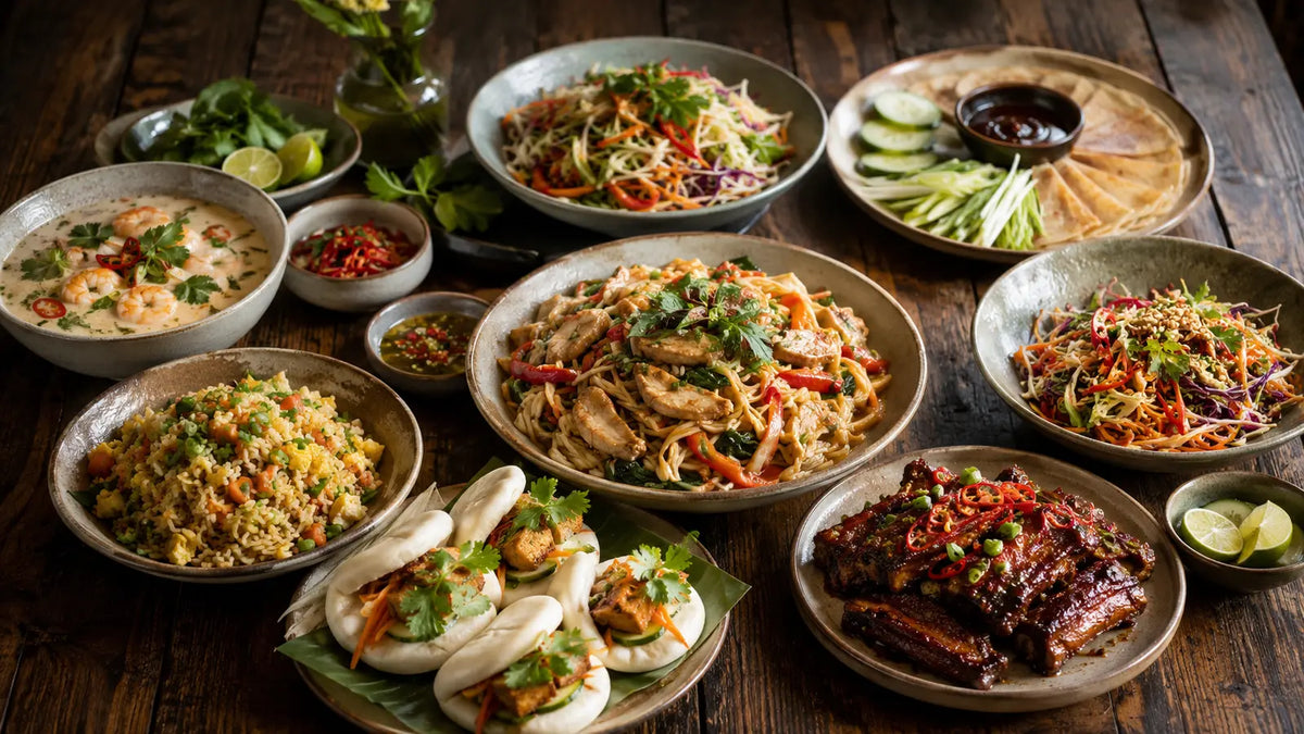 An East and Southeast Asian-inspired sharing feast with noodles, coconut prawn soup, duck pancakes, sticky ribs, tofu bao buns, fried rice, salads and dipping sauces.