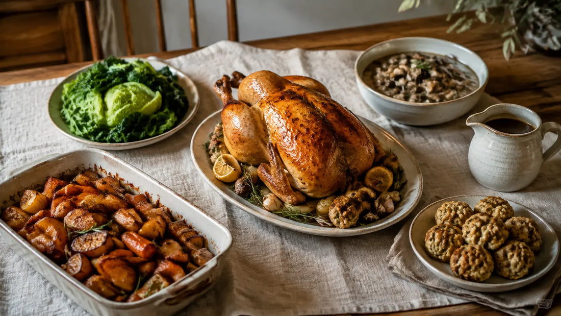 Autumn roast dinner table with golden chicken, roasted root vegetables, stuffing balls, greens, mushroom stew and gravy.