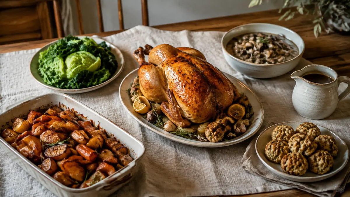 Autumn roast dinner table with golden chicken, roasted root vegetables, stuffing balls, greens, mushroom stew and gravy.