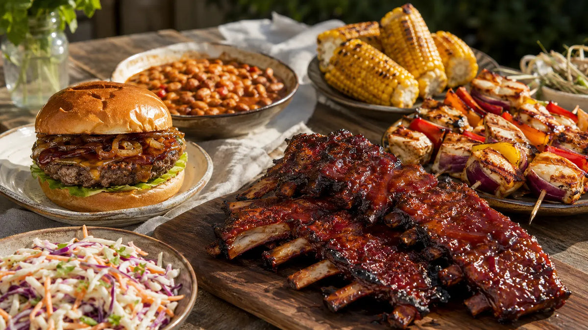 Outdoor BBQ sharing table with sticky ribs, homemade burgers, halloumi skewers, smoky baked beans, charred corn and slaw.