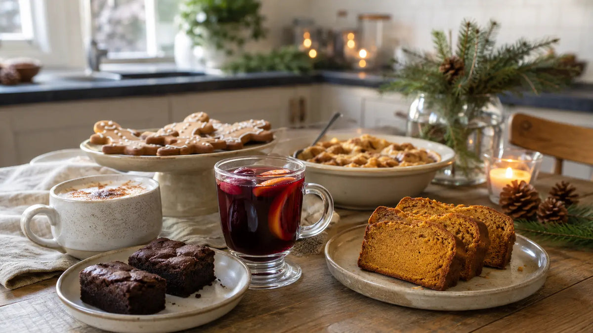 A welcoming winter table with mulled wine, pumpkin spice latte, loaf cake, brownies and festive biscuits from the Spice & Dipity recipe collection.