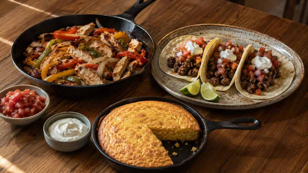 Mexican-inspired sharing table with sizzling chicken fajitas, beef tacos, cheddar cornbread, tomato salsa, sour cream and lime.