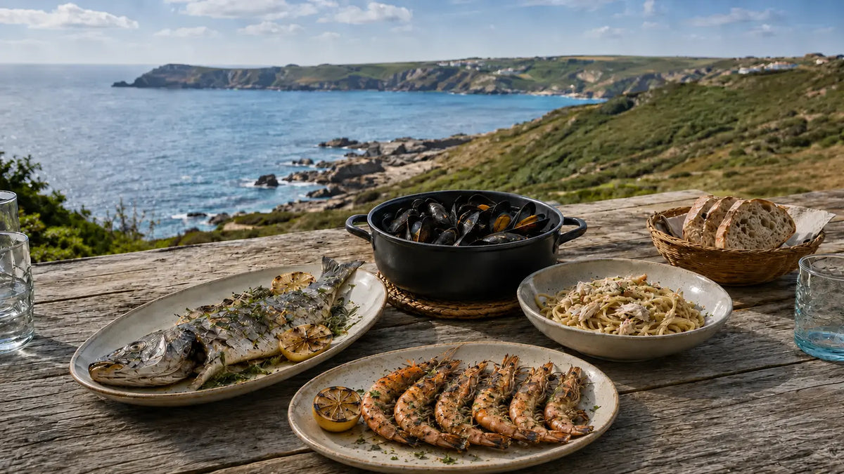 A relaxed coastal lunch of roasted fish, mussels, crab linguine, grilled prawns and rustic bread overlooking the Cornish sea.