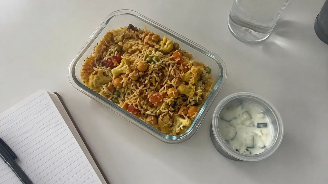 Vegetable and chickpea biryani packed for lunch with cauliflower, peas, carrots and cucumber yoghurt.