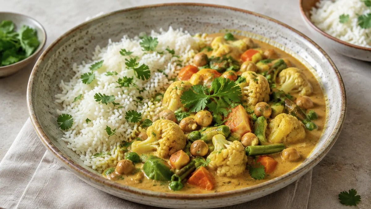Vegetable and chickpea korma with cauliflower, carrots, green beans and peas in a creamy coconut sauce.