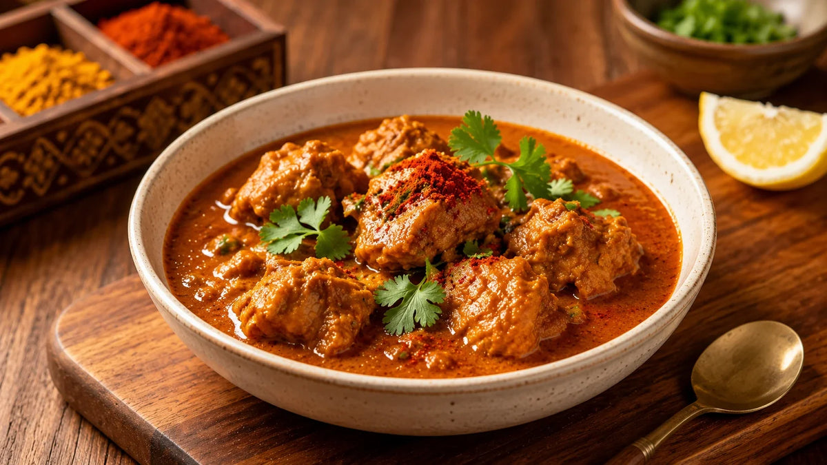 Vindaloo Masala Chicken Curry made with Spice & Dipity Vindaloo Masala, featuring tender chicken in a rich, spicy tomato curry sauce, garnished with fresh coriander and served in a rustic bowl.