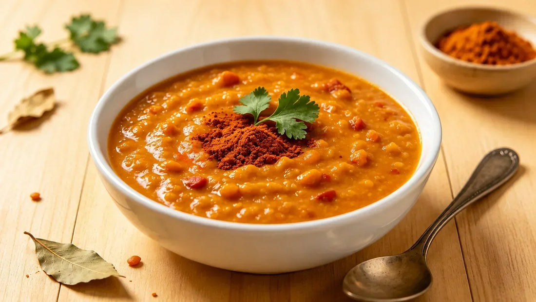 Vindaloo Masala Red Lentil Dhal made with Spice & Dipity Vindaloo Masala, served in a white bowl with coriander on a rustic wooden table.