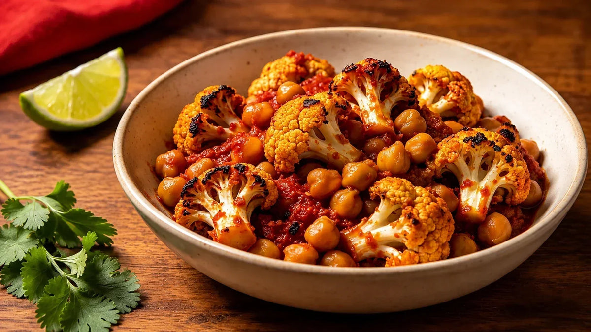 Vindaloo Masala roasted cauliflower and chickpea bowl with charred cauliflower florets in a rich tomato spice sauce, served in a rustic bowl on a wooden table.