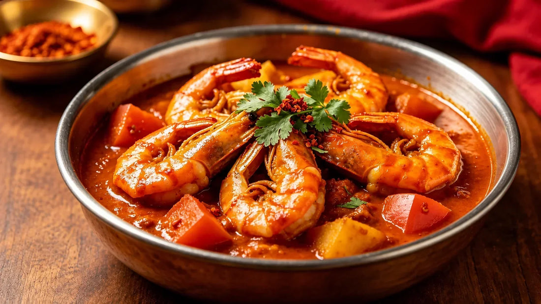 Vindaloo Masala spicy prawn and tomato curry with king prawns, tomatoes and coriander served in a rustic bowl.