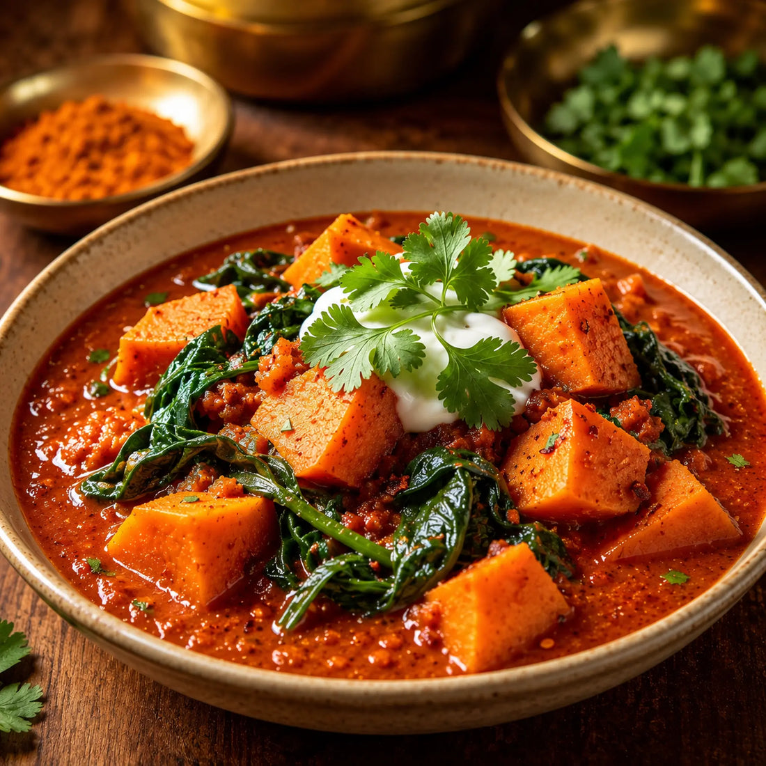 Vindaloo Masala sweet potato and spinach curry with yoghurt and fresh coriander.
