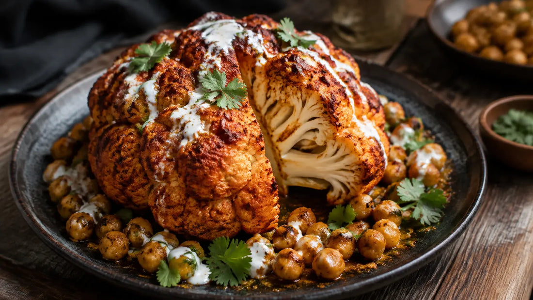 Whole roasted tandoori cauliflower with chickpeas, coriander and cooling yoghurt drizzle.