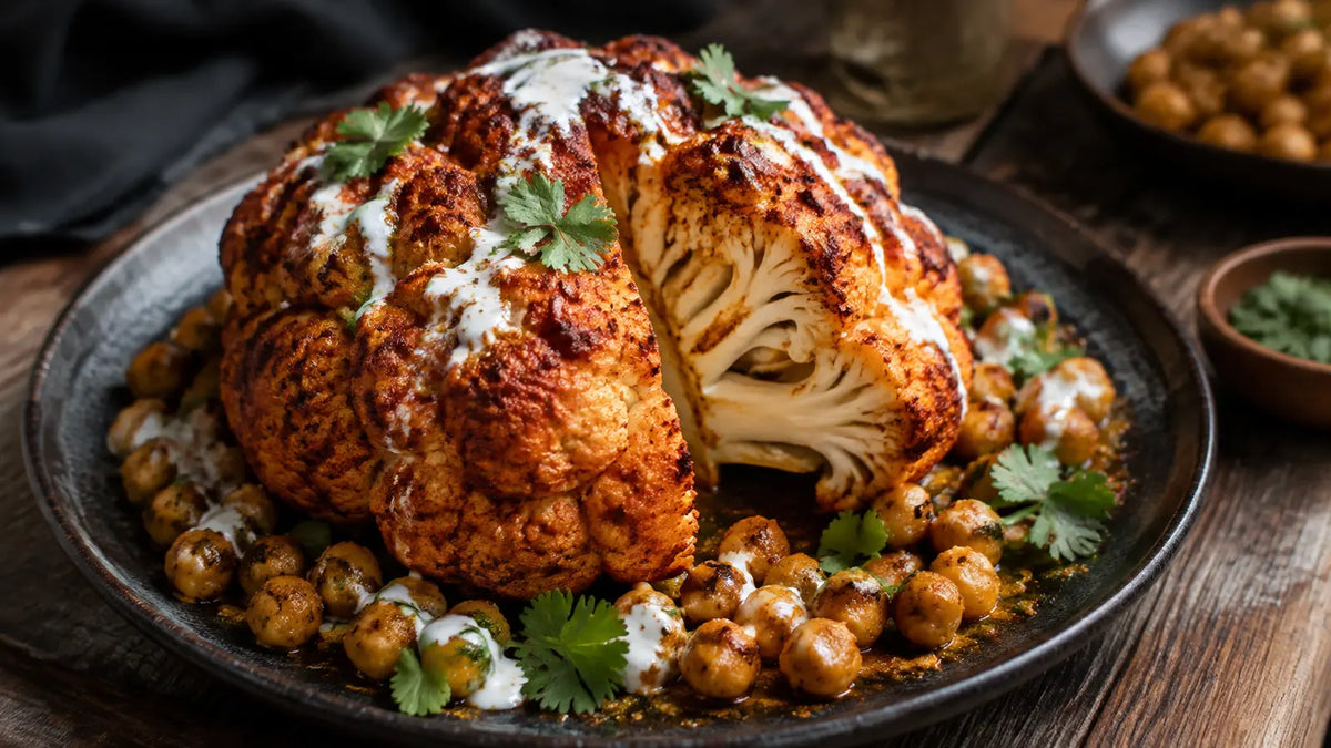 Whole roasted tandoori cauliflower with chickpeas, coriander and cooling yoghurt drizzle.