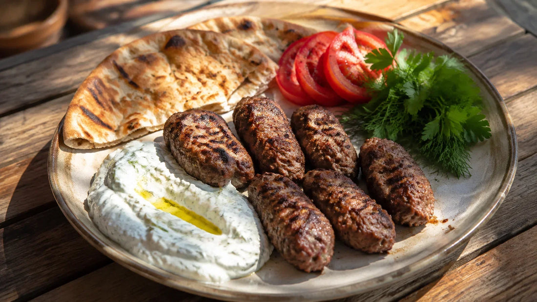 Ya Salam lamb köfte with garlic yoghurt, warm flatbread, sliced tomatoes and fresh herbs.