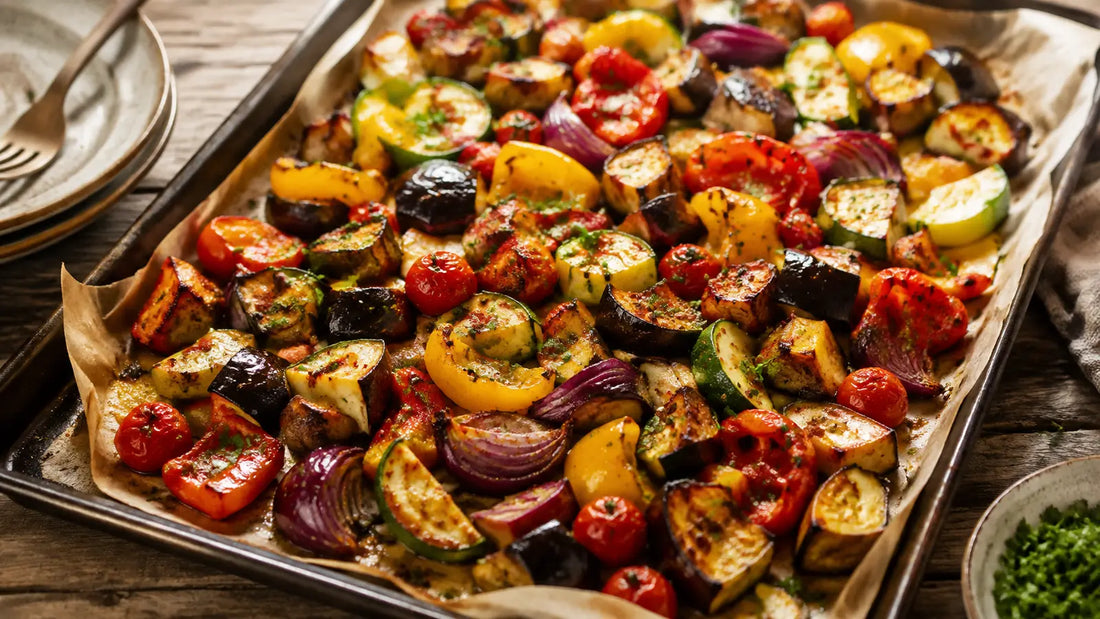 Colourful Ya Salam spiced roasted vegetables with aubergine, courgette, peppers, red onion and tomatoes.