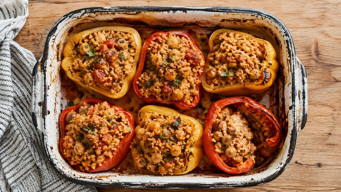 Ya Salam stuffed peppers filled with bulgur wheat, chickpeas, tomatoes and herbs in a roasting dish.