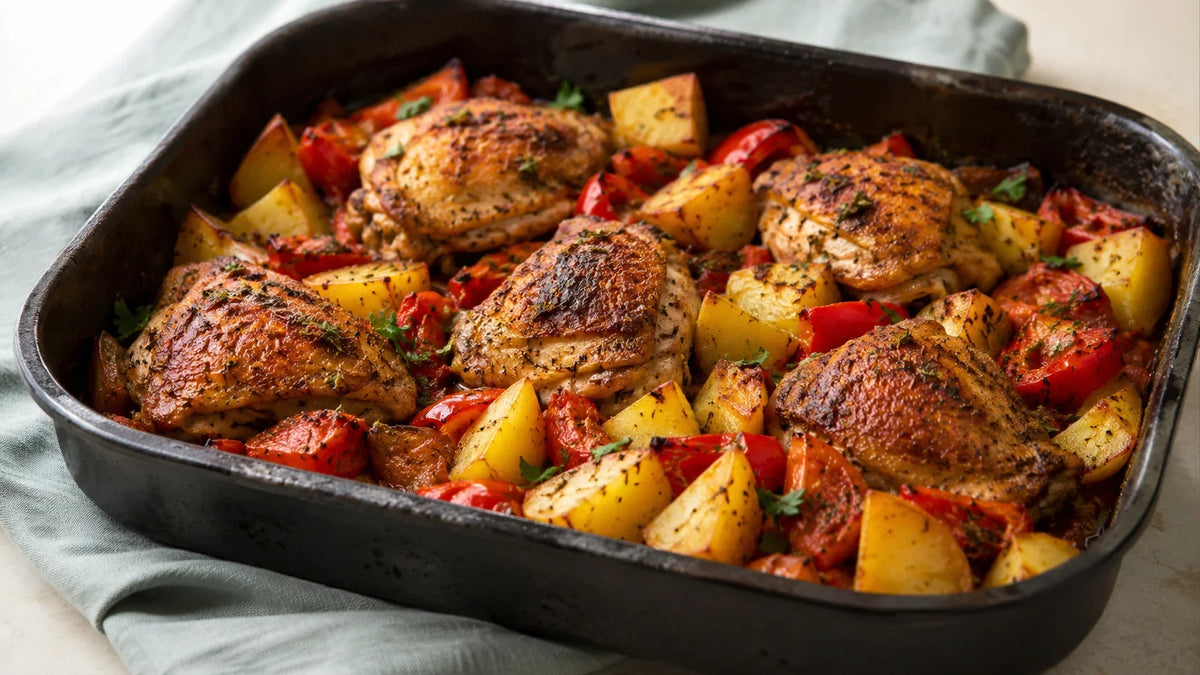 Ya Salam Turkish chicken and potato traybake with browned chicken thighs, golden potatoes, red peppers, tomatoes and herbs.