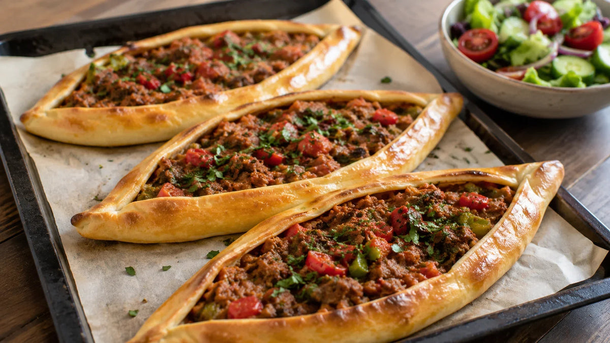 Ya Salam Turkish-style pide flatbreads filled with spiced lamb, tomatoes, peppers and parsley.