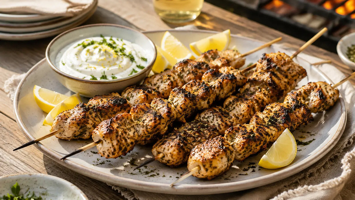 Grilled Za’atar chicken skewers with charred edges, lemon wedges and creamy lemon yoghurt dip.