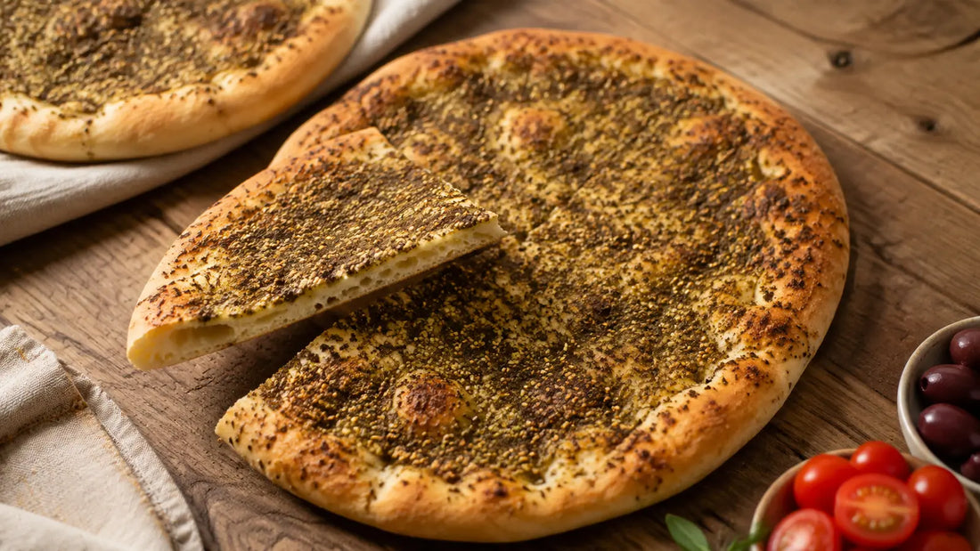 Freshly baked Za’atar flatbread manakish topped with olive oil and aromatic Middle Eastern herbs.